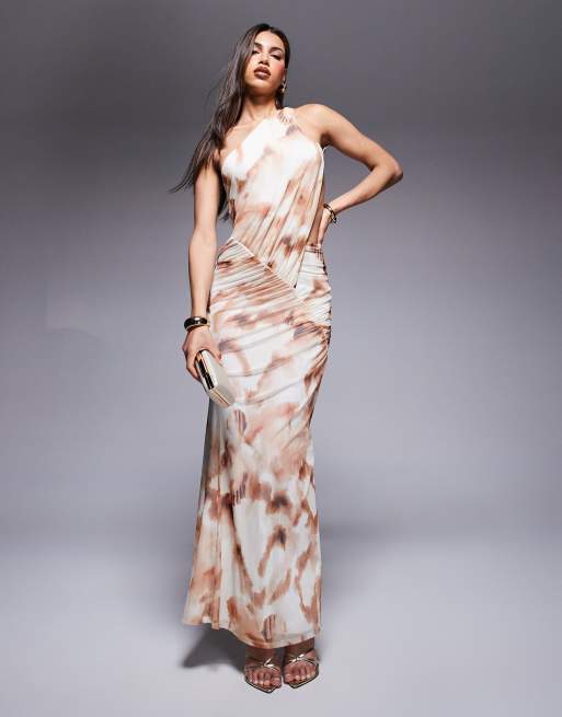 ASOD DESIGN - Vestito lungo monospalla con stampa e dettaglio arricciato