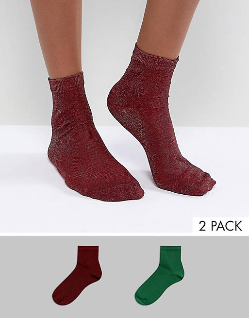ASOS 2 Pack Glitter Ankle Socks in Green and Red