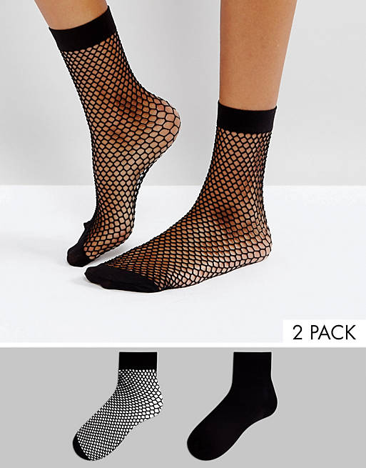 ASOS 2 Pack Sheer & Fishnet Ankle Socks in Black