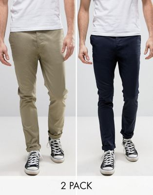 ASOS 2 Pack Skinny Chinos In Navy & Light Stone SAVE