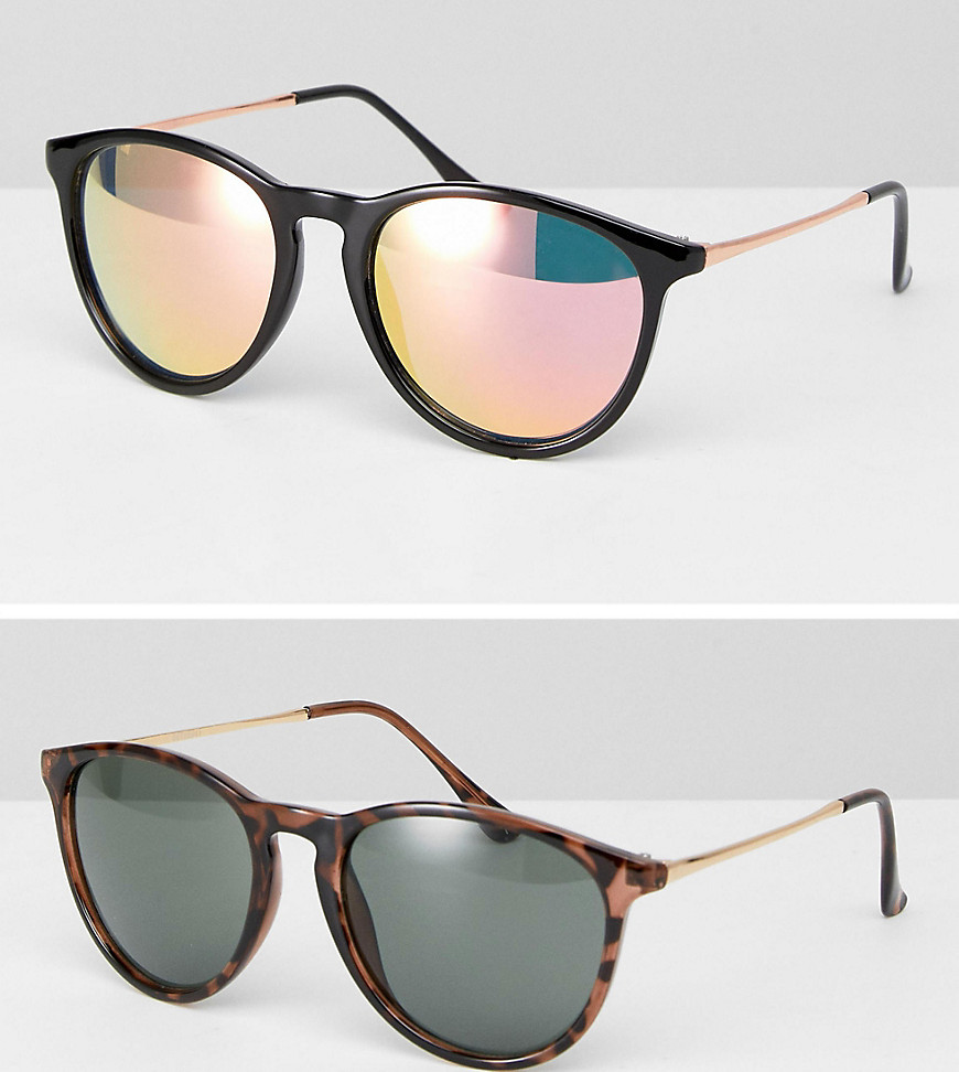 ASOS 2 Pack Skinny Keyhole Retro Round Sunglasses In Tortoise And Black-Multi