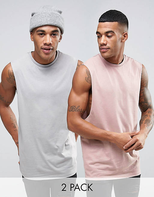 ASOS 2 Pack Sleeveless T-Shirt With Dropped Armhole In Gray/Pink SAVE