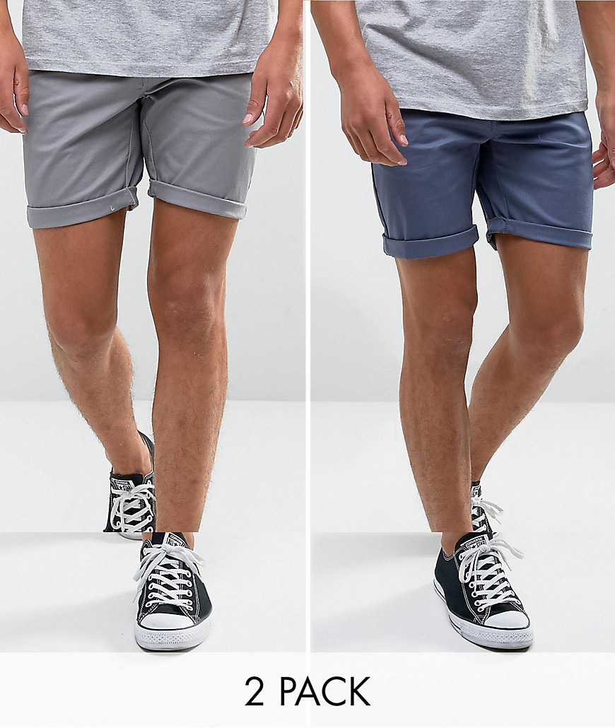 ASOS 2 Pack Slim Chino Shorts In Grey & Blue Save