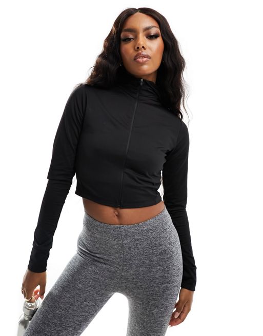 ASOS 4505 yoga ruche front long sleeve cropped top