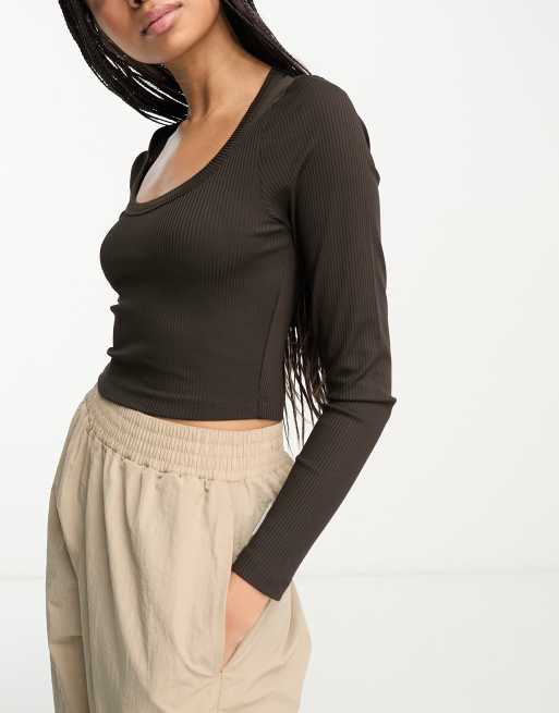 Ribbed Long-sleeved Top - Dark brown - Ladies