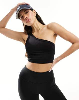 ASOS 4505 - Asymmetrisch geschnittenes, geripptes Aktiv-Trägertop in Schwarz mit One-Shoulder-Träger