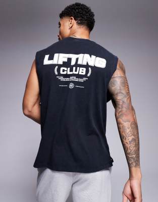 4505 back print oversized heavyweight cotton pump training tank top with quick dry finish in washed black