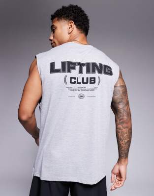 4505 back print oversized heavyweight cotton pump training tank with quick dry finish in heather gray