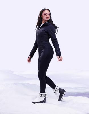 ASOS 4505 belted ski suit with skinny leg and hood in black