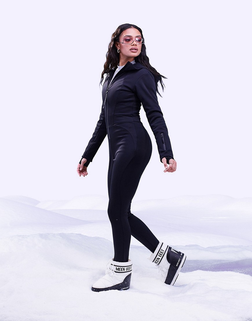 4505 belted ski suit with skinny leg and hood in black