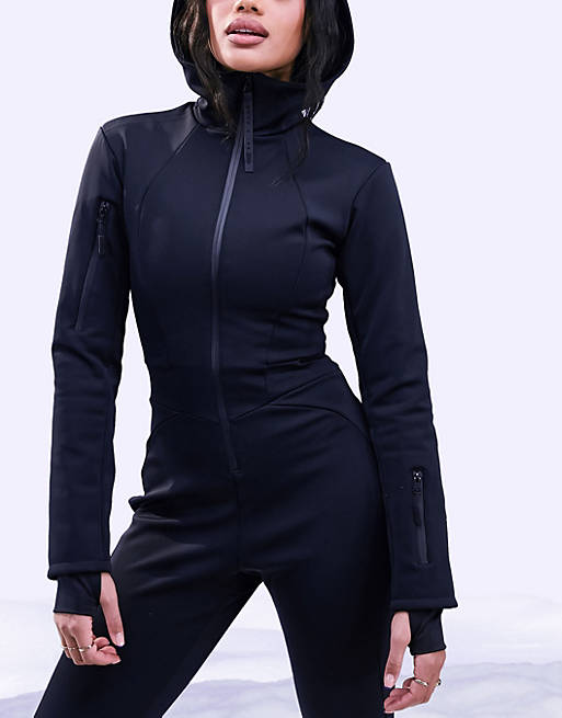 ASOS 4505 belted ski suit with skinny leg and hood in black