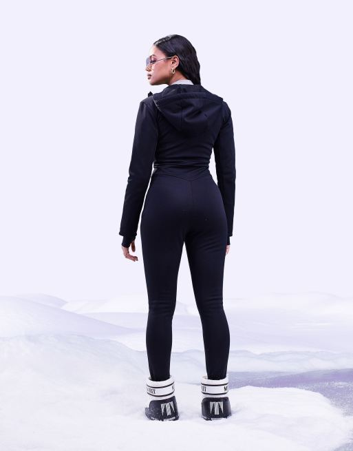 ASOS 4505 Ski Curve water repellent belted ski suit with faux fur hood in  black