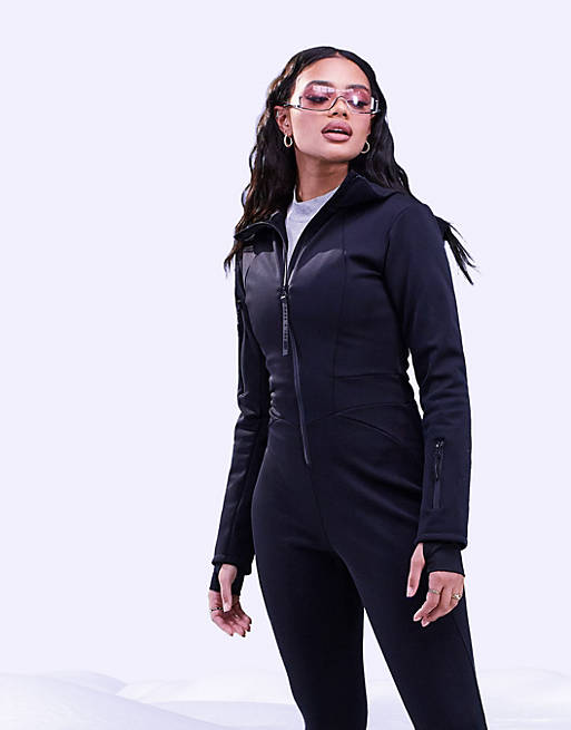 ASOS 4505 belted ski suit with skinny leg and hood in black