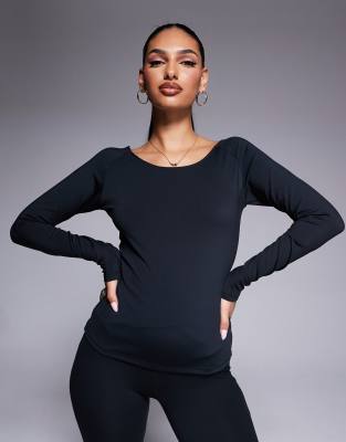 ASOS 4505 черный топ для активных танцев с вырезом лодочкой и длинным рукавом 5590₽