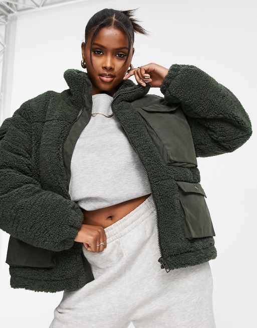 Monki oversized puffer jacket with borg detailing top in black