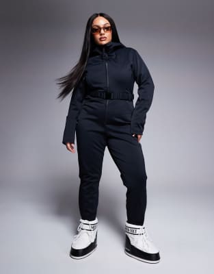 4505 Curve belted ski suit with skinny leg and hood in black