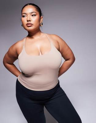 Asos 4505 Curve Icon Yoga Cami Crop Top With Inner Bra In Soft Touch In Biscuit-Neutral