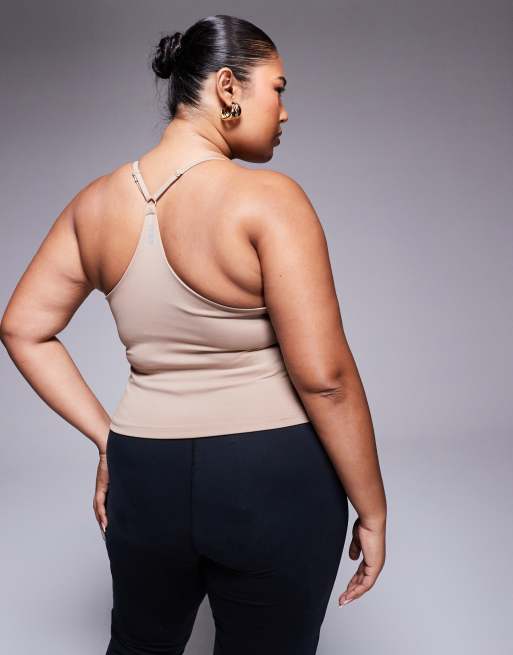 ASOS 4505 Curve Icon yoga cami crop top with inner bra in soft touch in biscuit, 2 of 4