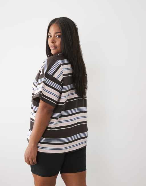 ASOS 4505 Curve kraftig bomulds oversized T-shirt med pink og brun stribe, 3 af 4