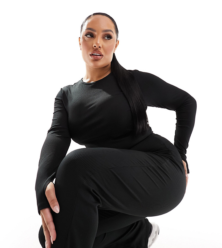 ASOS 4505 Curve long sleeve training top co-ord in rib with ruche detail in black