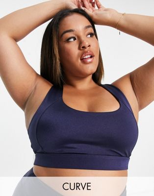 Asos Design 4505 Curve Mid Support Sports Bra In Sheen-navy
