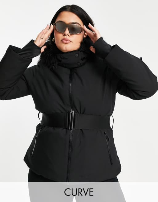 ASOS 4505 Curve — Narciarska kurtka z paskiem i kapturem z wykończeniem ze sztucznego futra