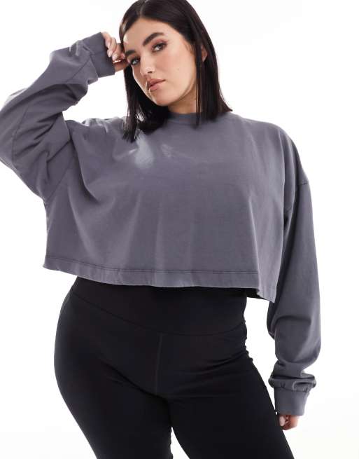 ASOS 4505 Curve - Oversized cropped T-shirt met lange mouwen in zwart met wassing