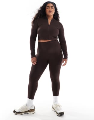 Asos Design 4505 Curve Seamless Fitted Zip Up Track Top In Chocolate-brown