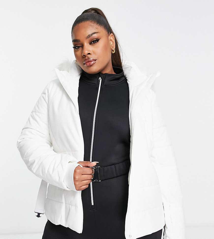 Asos Design 4505 Curve Ski Belted Jacket With Faux Fur Hood-white