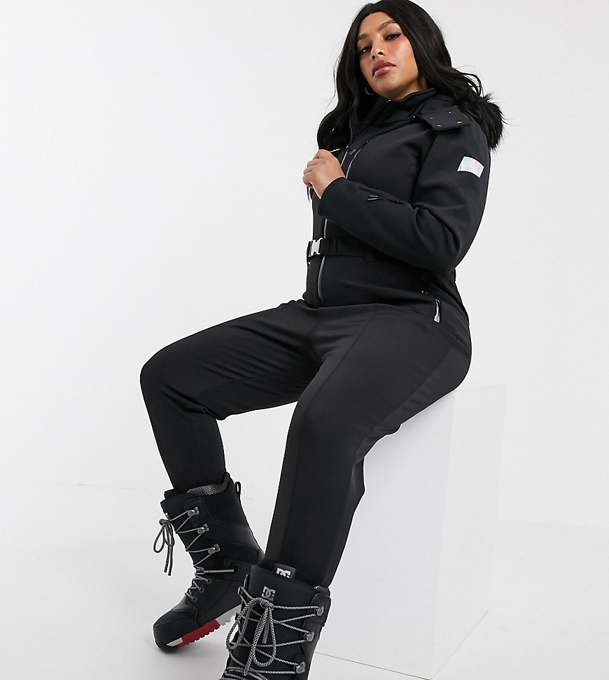 ASOS 4505 Curve ski fitted belted ski suit with faux fur hood-Black