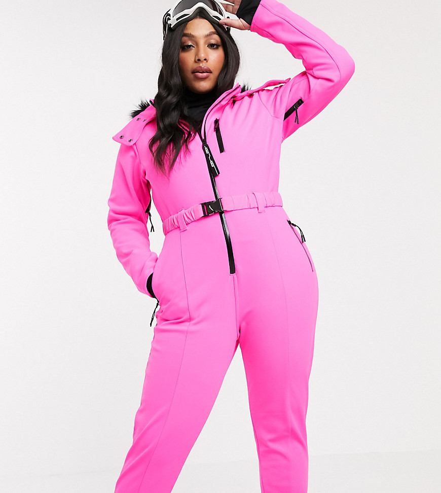 ASOS 4505 Curve ski fitted belted ski suit with faux fur hood-Pink