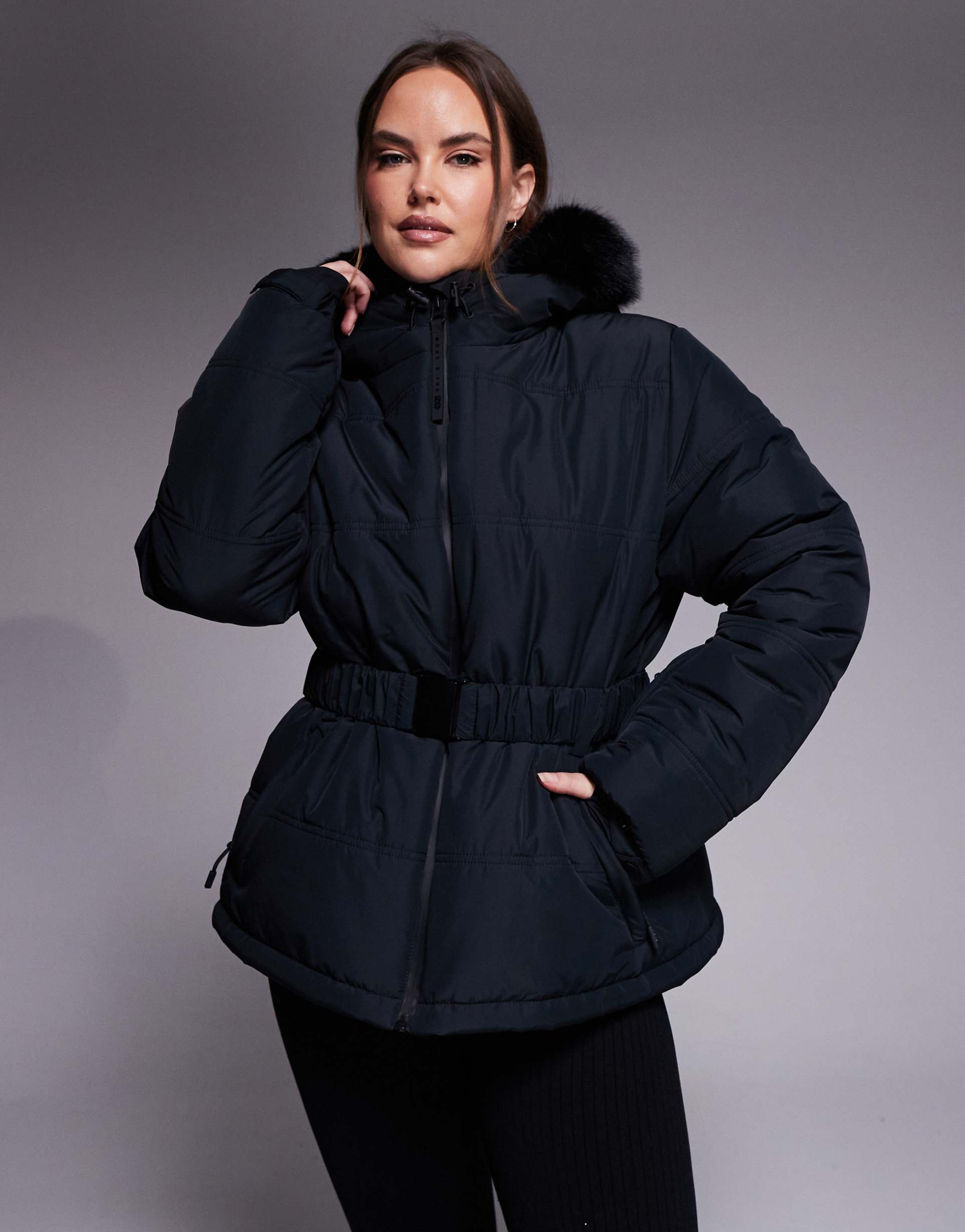 asos 4505 curve ski icon water repellent insulated belted ski jacket in black