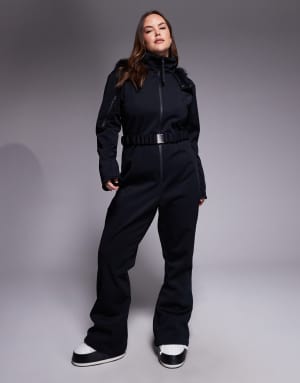 ASOS 4505 Curve Ski soft shell belted ski suit with slim kick leg and faux fur hood in black