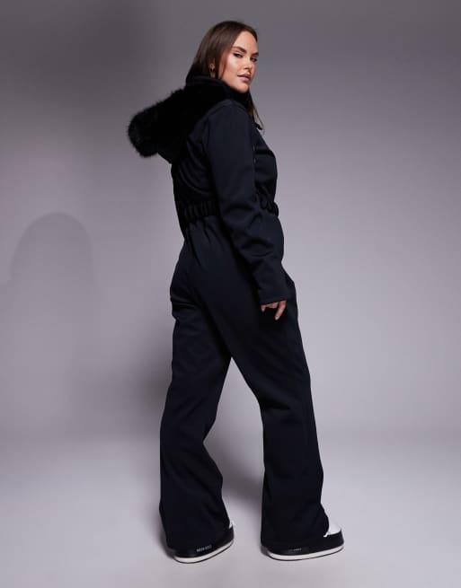 ASOS 4505 Curve Ski soft shell belted ski suit with slim kick leg and faux fur hood in black, 3 of 4