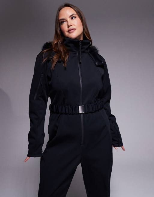 ASOS 4505 Curve Ski soft shell belted ski suit with slim kick leg and faux fur hood in black, 4 of 4