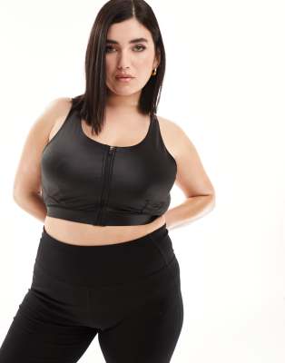 ASOS 4505 Curve - Sport-BH in hochglänzendem Schwarz mit hoher Stützkraft und verstellbarem Trägerdetail am Rücken