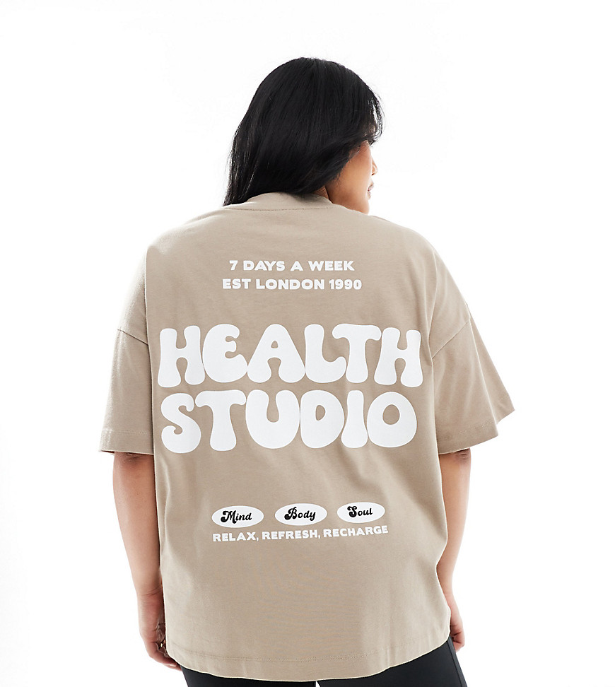 Asos Design 4505 Curve Studio Oversized Heavyweight Health Back Print T-shirt In Latte-neutral