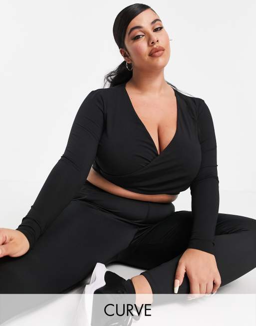 ASOS 4505 Curve yoga long sleeve wrap top in cotton BLACK