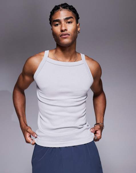 ASOS 4505 – Geripptes, nahtloses Muskelshirt in meliertem Grau mit eckigem Ausschnitt - view 1
