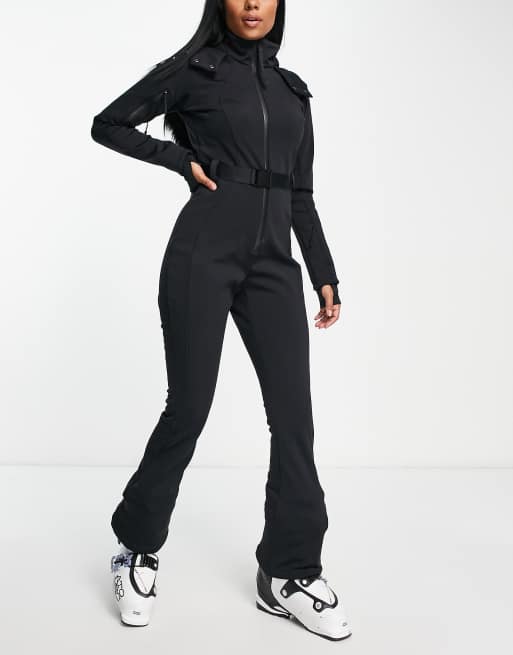 ASOS 4505 Hourglass belted ski suit with slim kick leg and faux fur hood in black