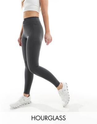 ASOS 4505 Hourglass - Icon - Lauf-Leggings in dunklem Anthrazit mit Handytasche und Taillenschnürung-Grau