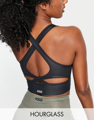 ASOS 4505 Hourglass medium support sports bra with rouche detail in black wet look