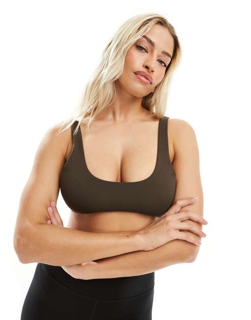 ASOS 4505 Hourglass plunge front medium support sports bra in soft touch  fabric in brown