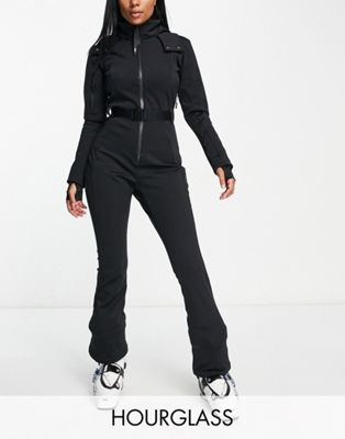 ASOS 4505 Hourglass ski belted ski suit with slim kick leg and faux fur hood in black