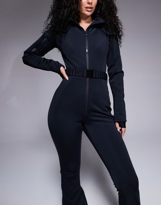 ASOS 4505 Hourglass Ski belted ski suit with slim kick leg and faux fur hood in black