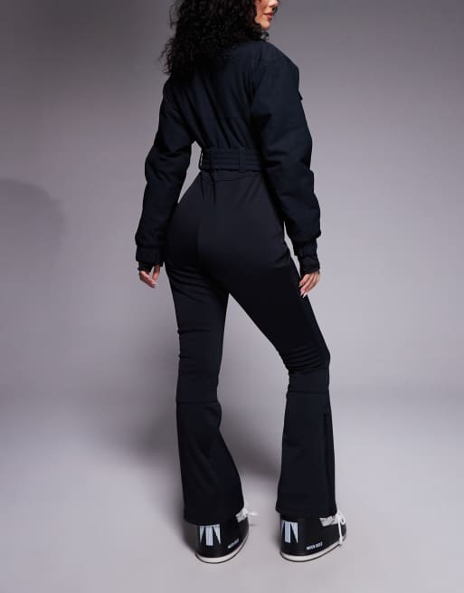 ASOS 4505 Hourglass Ski funnel neck kick flare belted ski suit in black