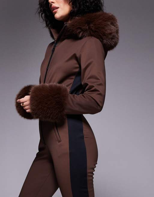 ASOS 4505 Hourglass Ski soft shell belted ski suit with side stripe and faux fur trim in coffee