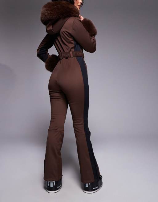 ASOS 4505 Hourglass Ski soft shell belted ski suit with side stripe and faux fur trim in coffee