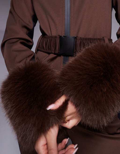 ASOS 4505 Hourglass Ski soft shell belted ski suit with side stripe and faux fur trim in coffee