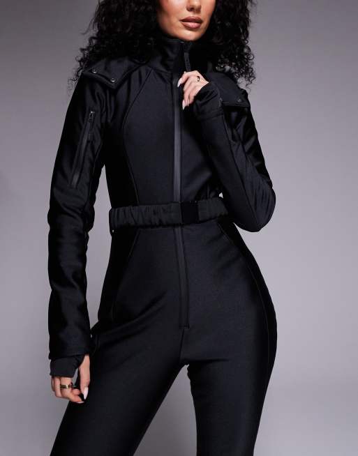 ASOS 4505 Hourglass Ski soft shell belted ski suit with slim kick leg and faux fur hood in black gloss